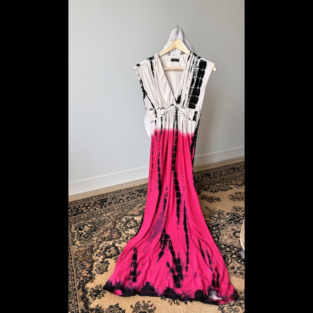 Venus Tie-Dye Maxi Dress - Black, White & Pink - Size S